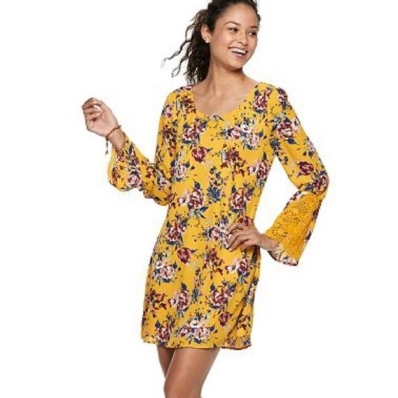Speechless long sleeve mustard yellow floral dress size large - Picture 1 of 6